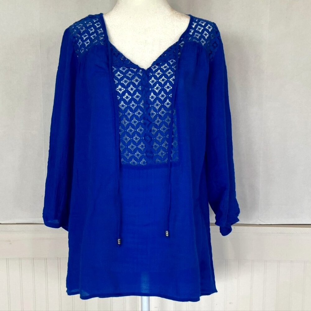 Blue Gauzey Boho Long Sleeve Beachy Women's Blouse Sz M